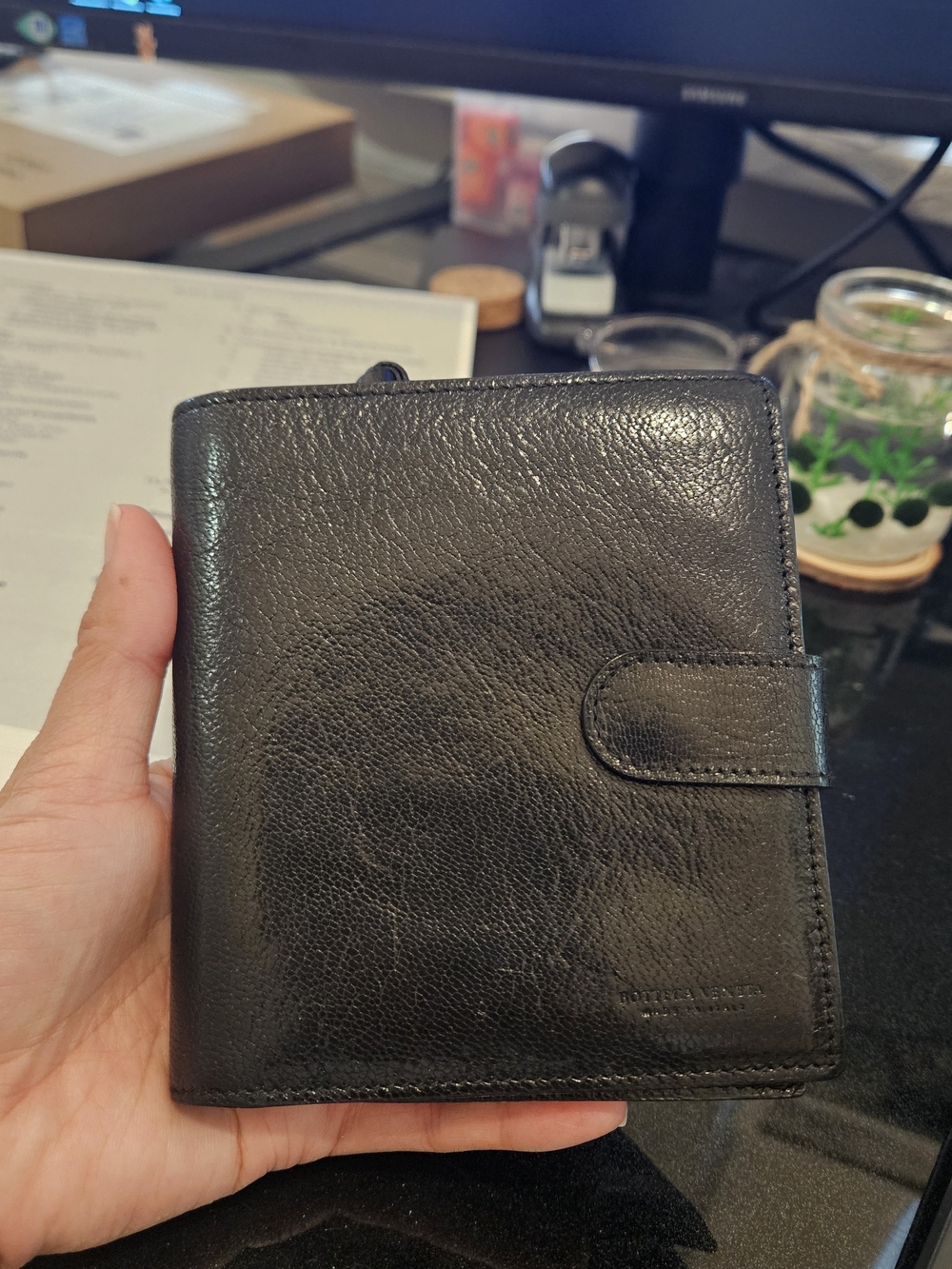 Bottega Veneta Black Leather Wallet with Snap Detail
